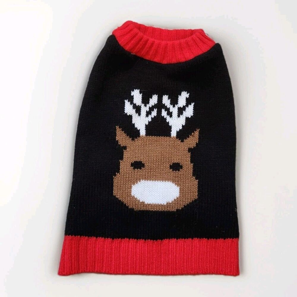 Christmas Dog Knit Sweater Black & Red Reindeer Stretch Comfort Sz Small